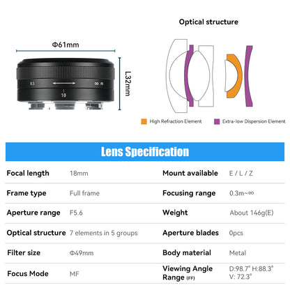 18mm f/5.6 Full-frame lens for E/Z/L