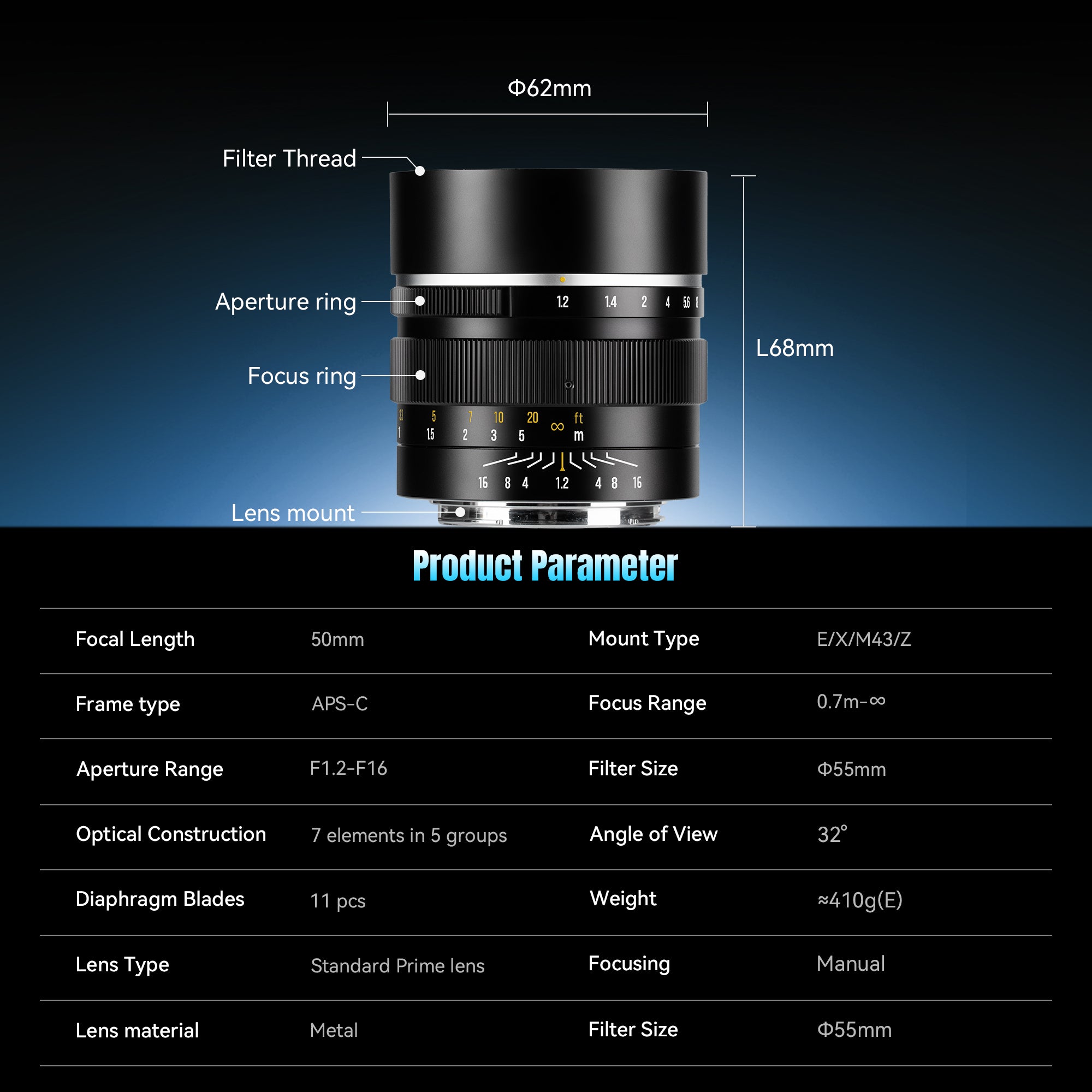 MF 50mm f/1.2 APS-C Lens for Sony E/Fuji X/Nikon Z/Panasonic