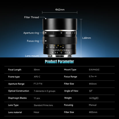 MF 50mm f/1.2 APS-C Lens for Sony E/Fuji X/Nikon Z/Panasonic/Olympus M43