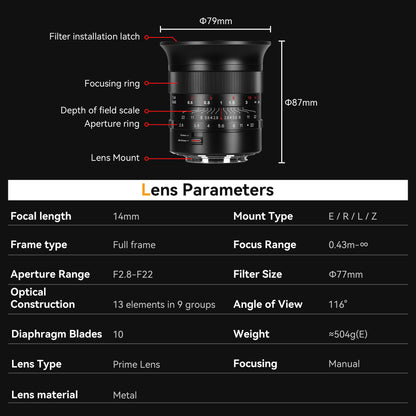 14mm f/2.8  Full-frame Wide Angle Lens for Sony E/Canon EOS-R/Nikon Z/ Panasonic L LUMIX S